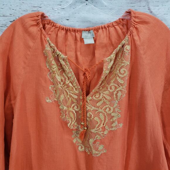 Chico's 100%Linen V-Neck Gold Lace Front Detail 3/4 Sleeve Top Size 1 - Picture 5 of 15